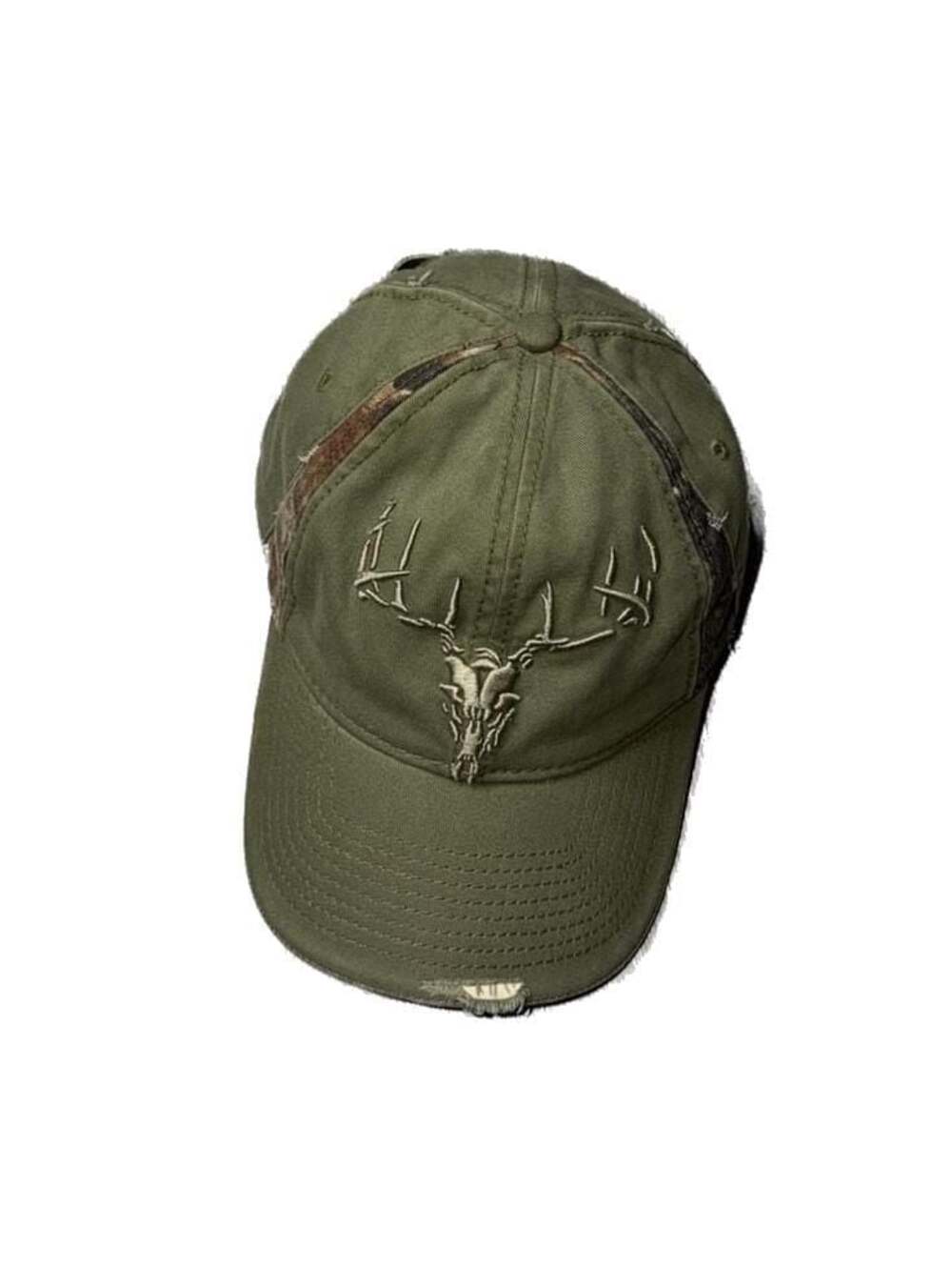 Buck Wear Men's Olive Drab Green Distressed Deer Skull Antler Camo Accent Hat